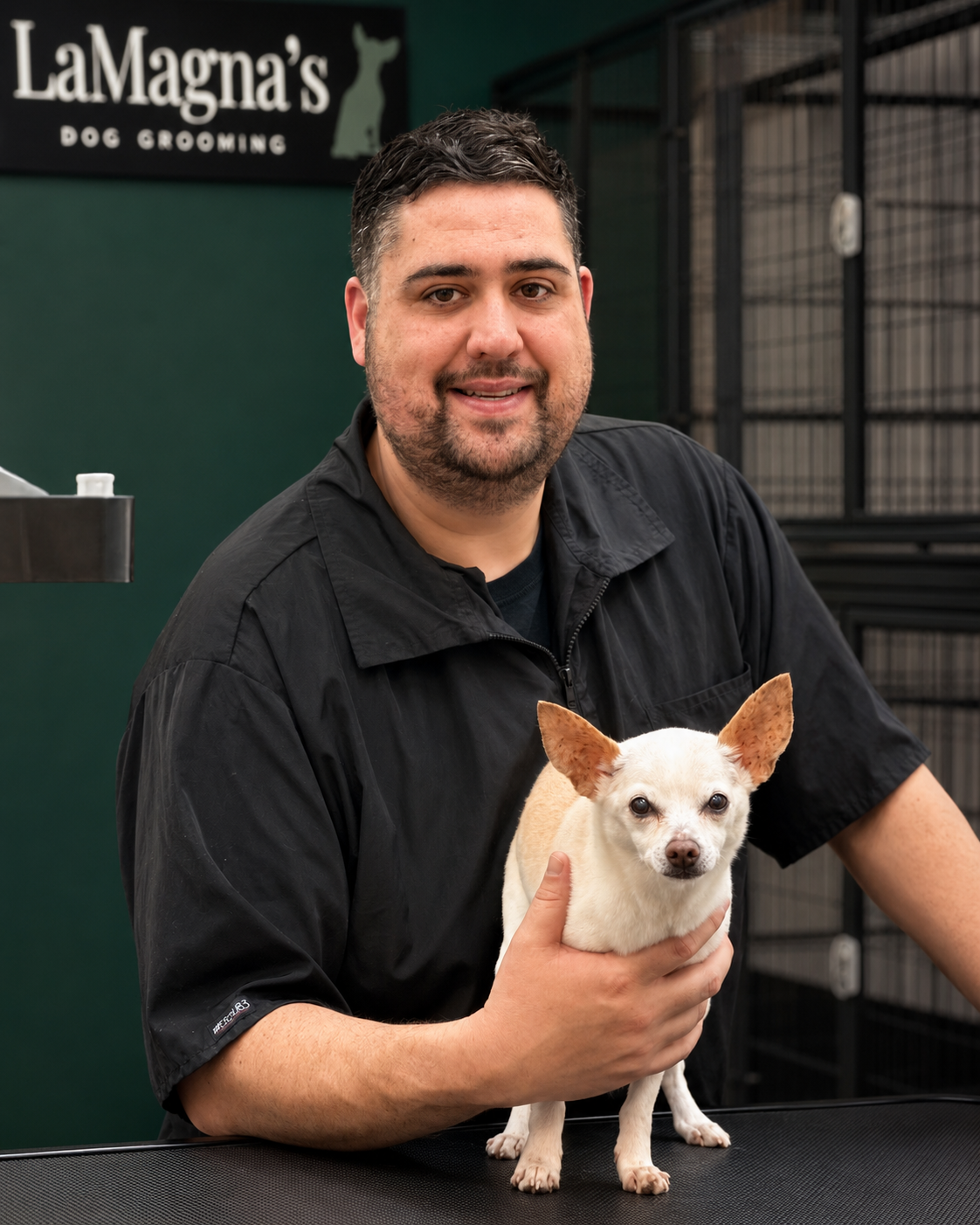 Groomer Joey holding Jack Daniels in front of the LaMagna's Dog Grooming sign