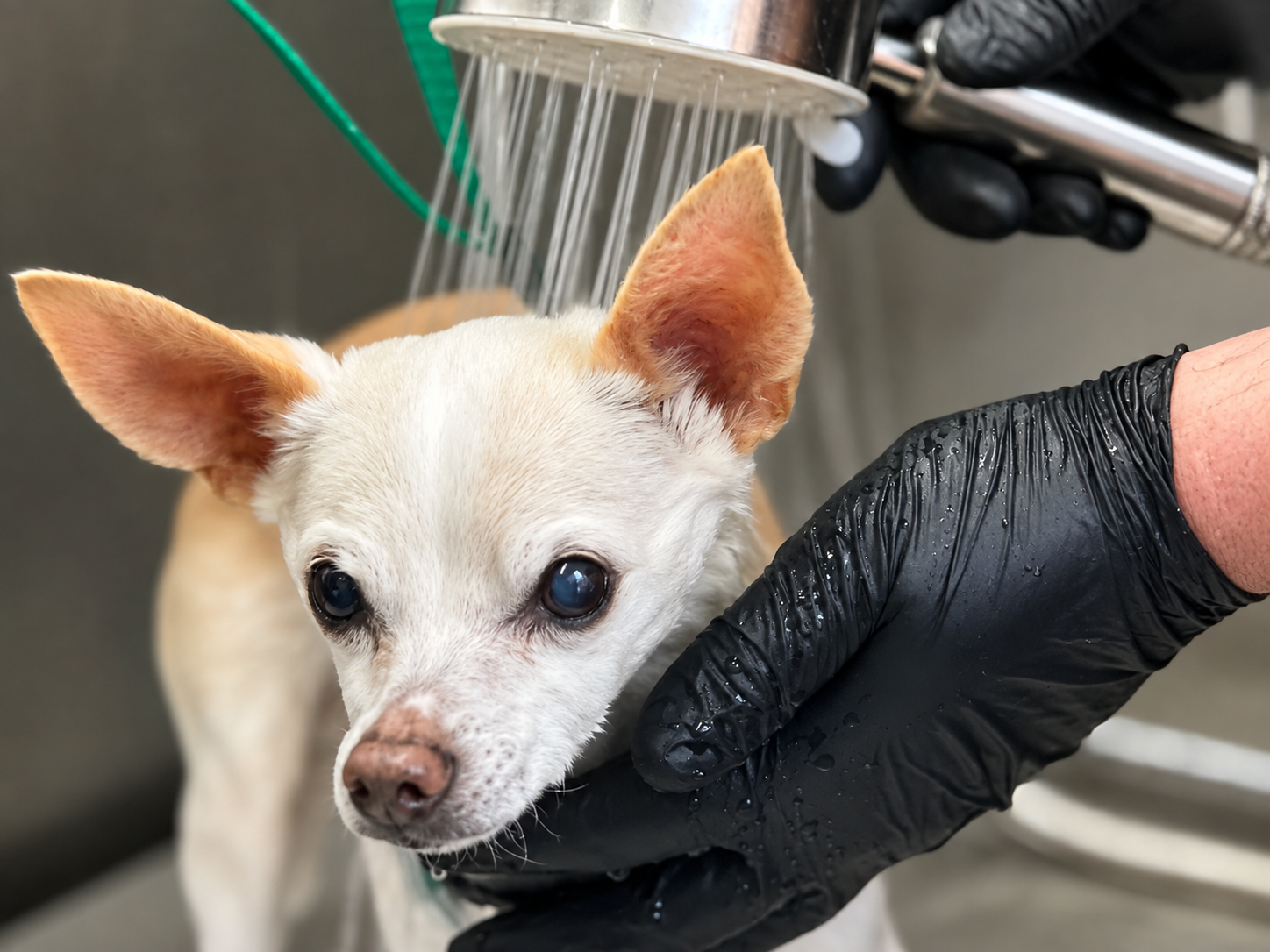 Dog receiving a bath and brush at LaMagna's Dog Grooming in Floral Park, NY