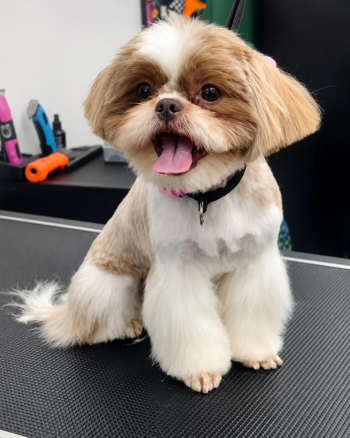 Small dog after a bath and clean up trim at LaMagna's Dog Grooming